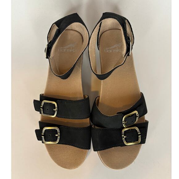 Dansko Women’s 7 / 37 Astrid Comfort Sandal Low Wedge Black Leather Strappy - Picture 4 of 10